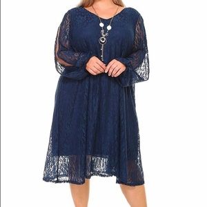 4X-5X-6X: Navy Elegant Lace Open-Sleeve Dress